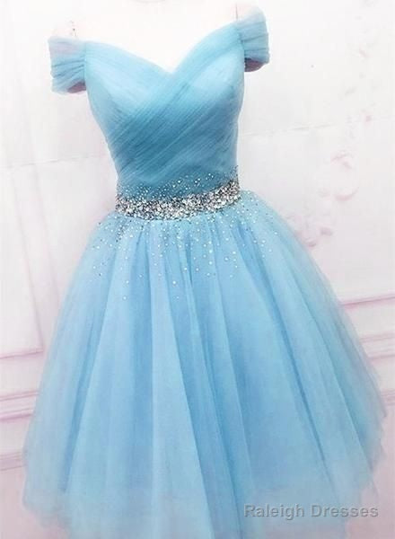Light Blue Short Tulle Off The Shoulder Blue Prom Homecoming Dress Main image