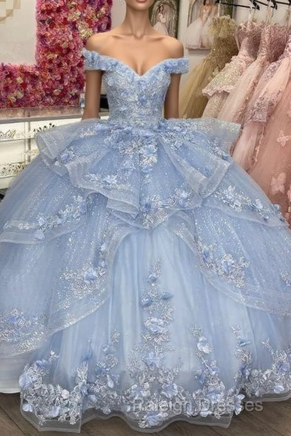 Light Blue Sparkly Off The Shoulder Appliques Prom Dress Quincea?Era Dress Sweet 16 Prom Dress Ball Gown Main image