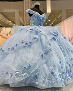 Light Blue Sparkly Off The Shoulder Appliques Prom Dresses Quinceanera Dresses Sweet 16 Prom Dresses Ball Gowns