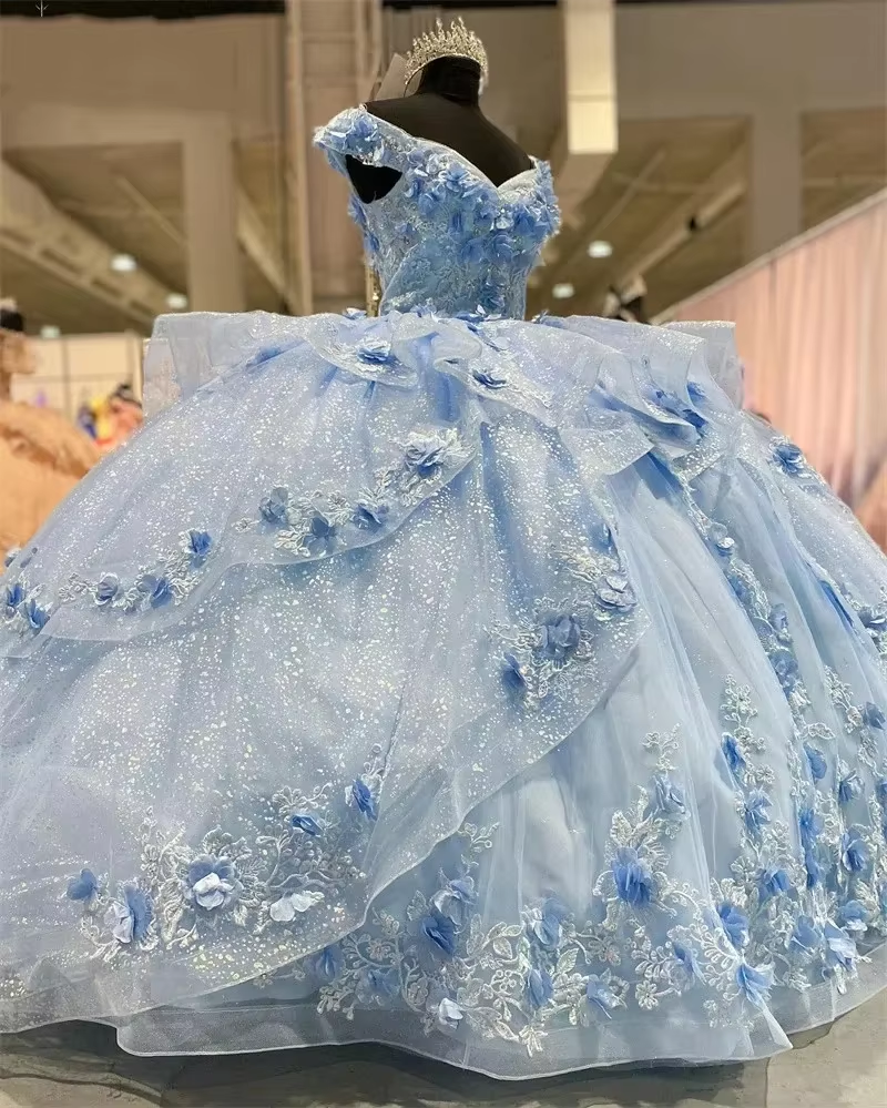 Light Blue Sparkly Off The Shoulder Appliques Prom Dresses Quinceanera Dresses Sweet 16 Prom Dresses Ball Gowns