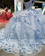 Light Blue Sparkly Off The Shoulder Appliques Prom Dresses Quinceanera Dresses Sweet 16 Prom Dresses Ball Gowns