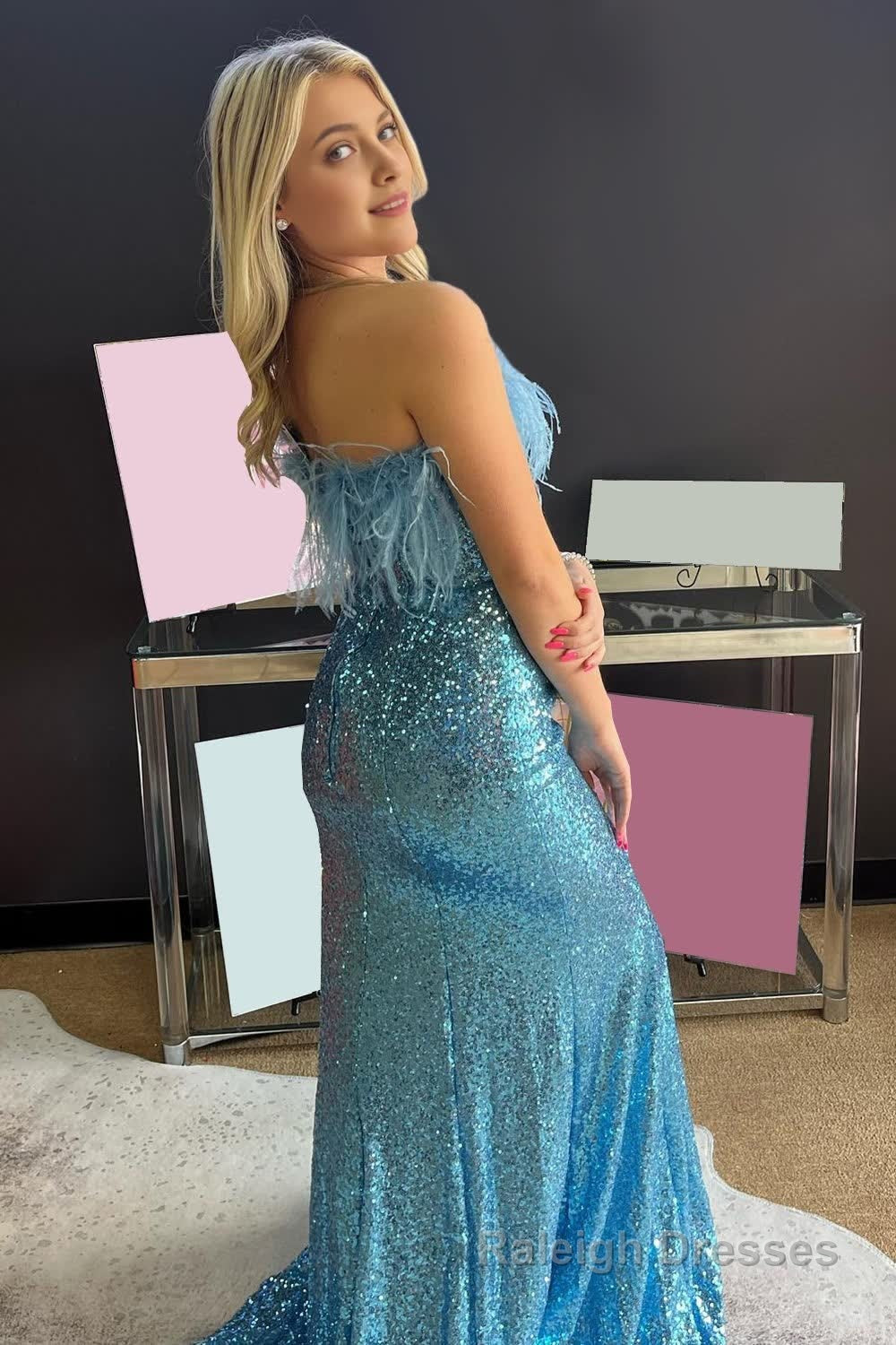 Light Blue Sparkly Sequins Off the Shoulder Long Prom Dress with Feathers Secondary image