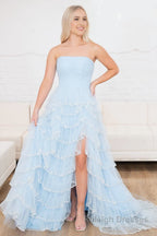 Light Blue Strapless Layered Tulle Prom Dress with Sequins