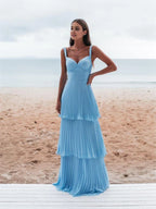 Light Blue Straps Chiffon Sweetheart Low Back Pary Dresses Light Blue Long Prom Dresses