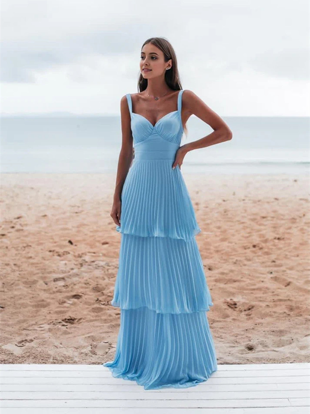 Light Blue Straps Chiffon Sweetheart Low Back Pary Dresses Light Blue Long Prom Dresses