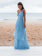 Light Blue Straps Chiffon Sweetheart Low Back Pary Dresses Light Blue Long Prom Dresses