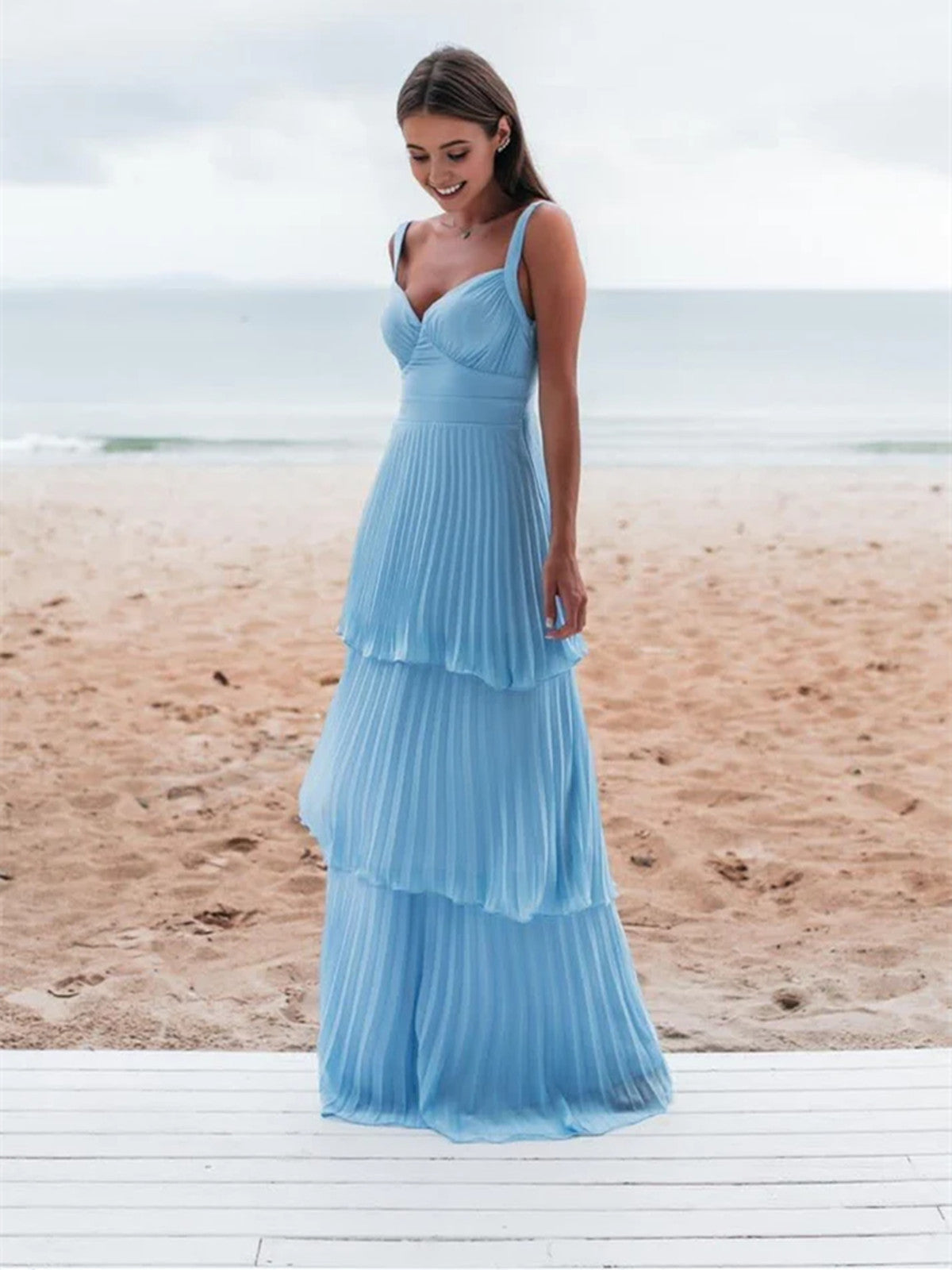 Light Blue Straps Chiffon Sweetheart Low Back Pary Dresses Light Blue Long Prom Dresses