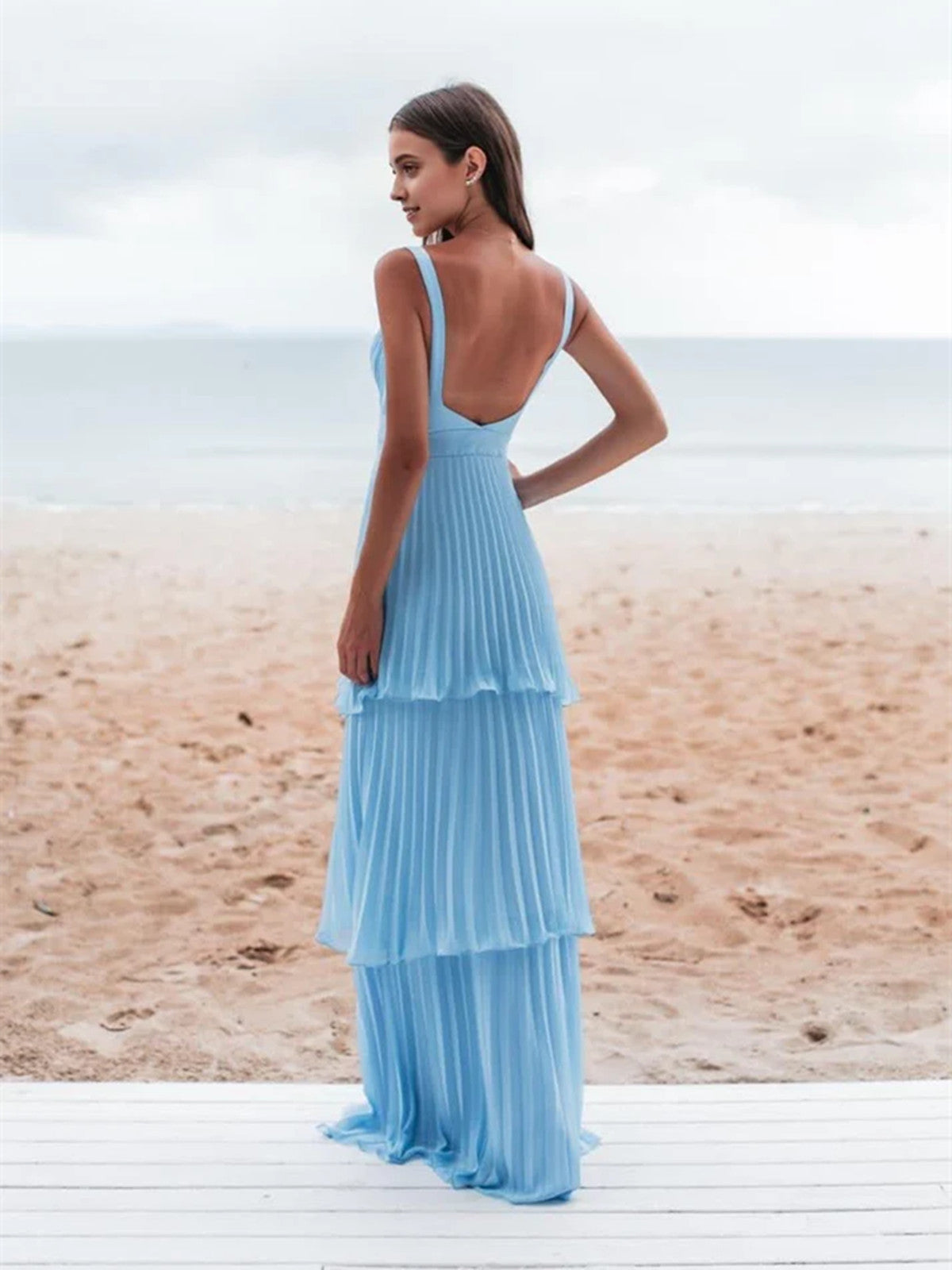 Light Blue Straps Chiffon Sweetheart Low Back Pary Dresses Light Blue Long Prom Dresses