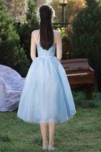 Light Blue Straps Organza Short Party Dress, Light Blue Homecoming Dress