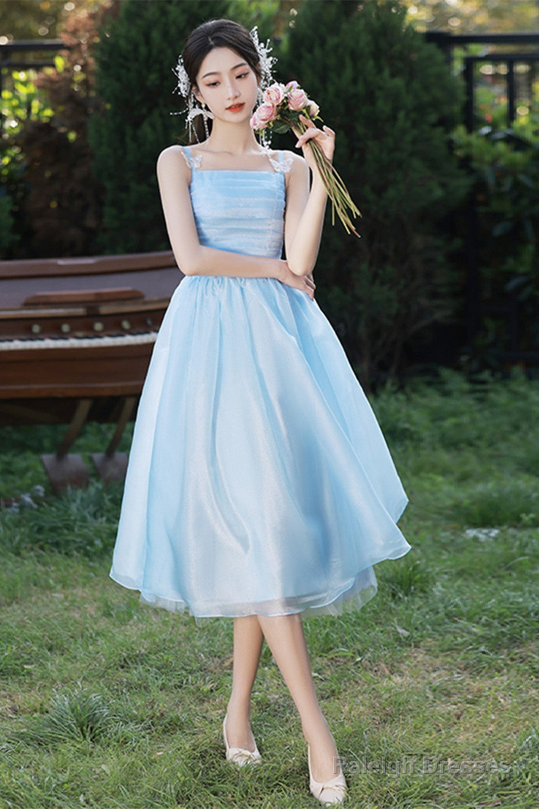 Light Blue Straps Organza Short Party Dress, Light Blue Homecoming Dress Main image