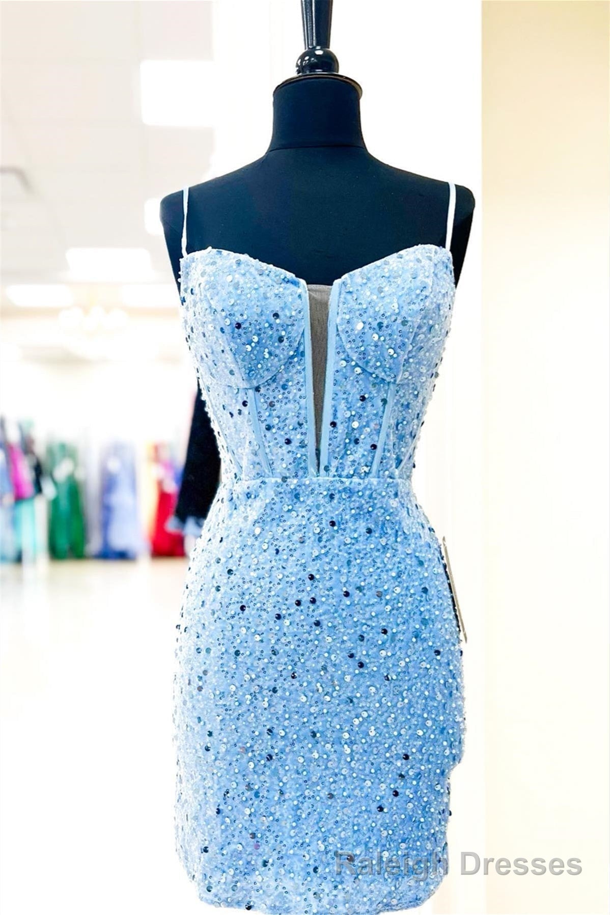 Light Blue Straps Sheath Beaded Sequined Cocktail Dresses Wedding Main image