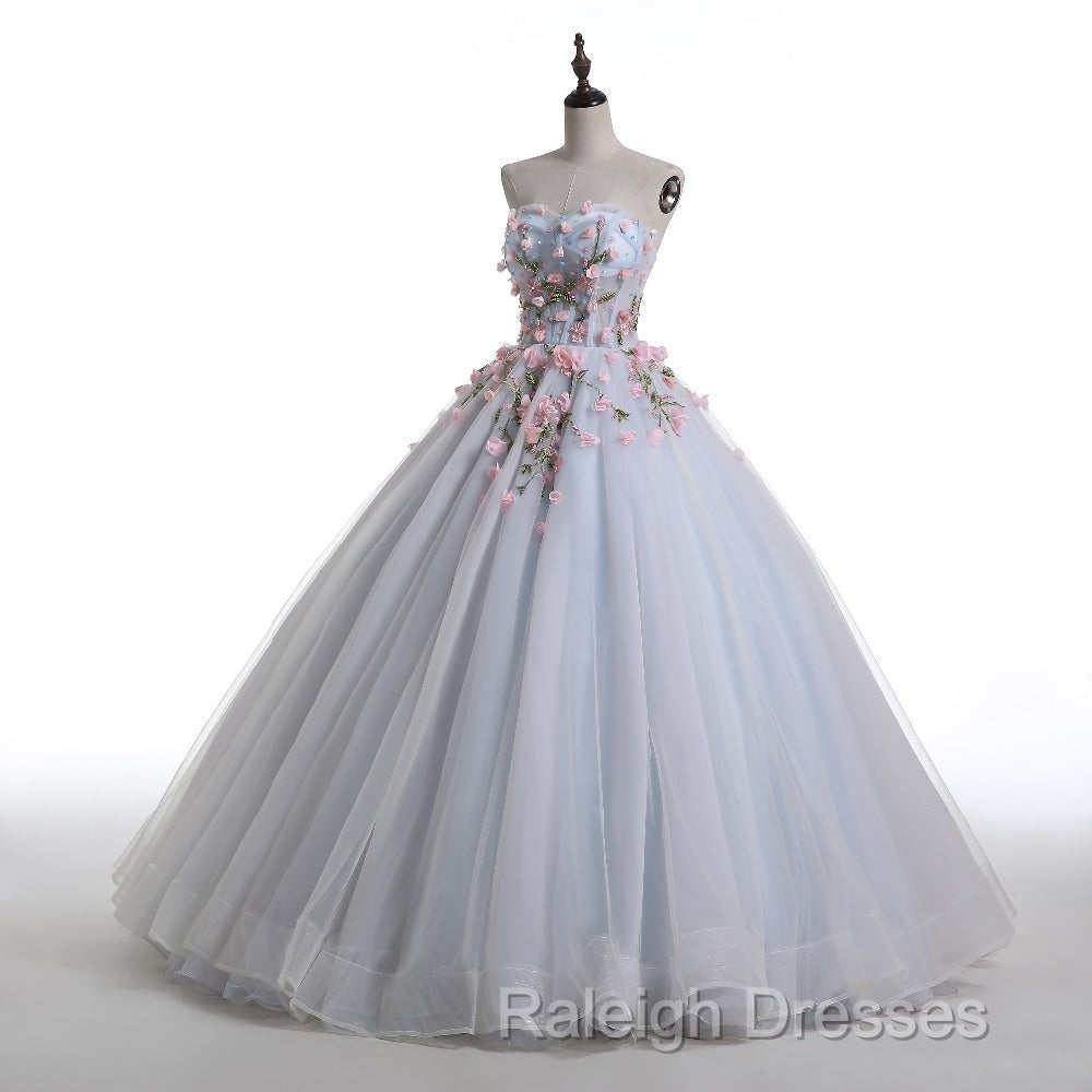 Light Blue Sweethart Flowers Ball Gown Formal Dress, Blue Sweet 16 Dress Secondary image