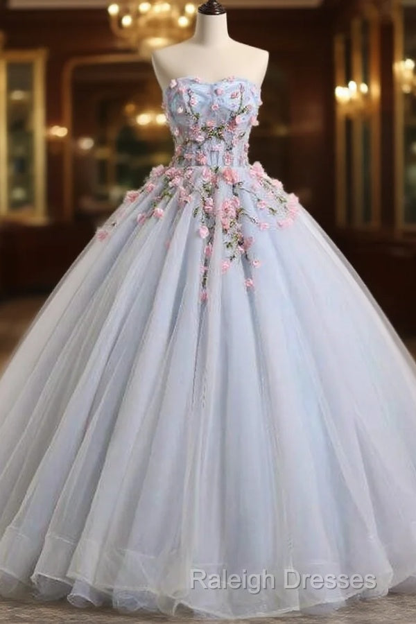 Light Blue Sweethart Flowers Ball Gown Formal Dress, Blue Sweet 16 Dress Main image
