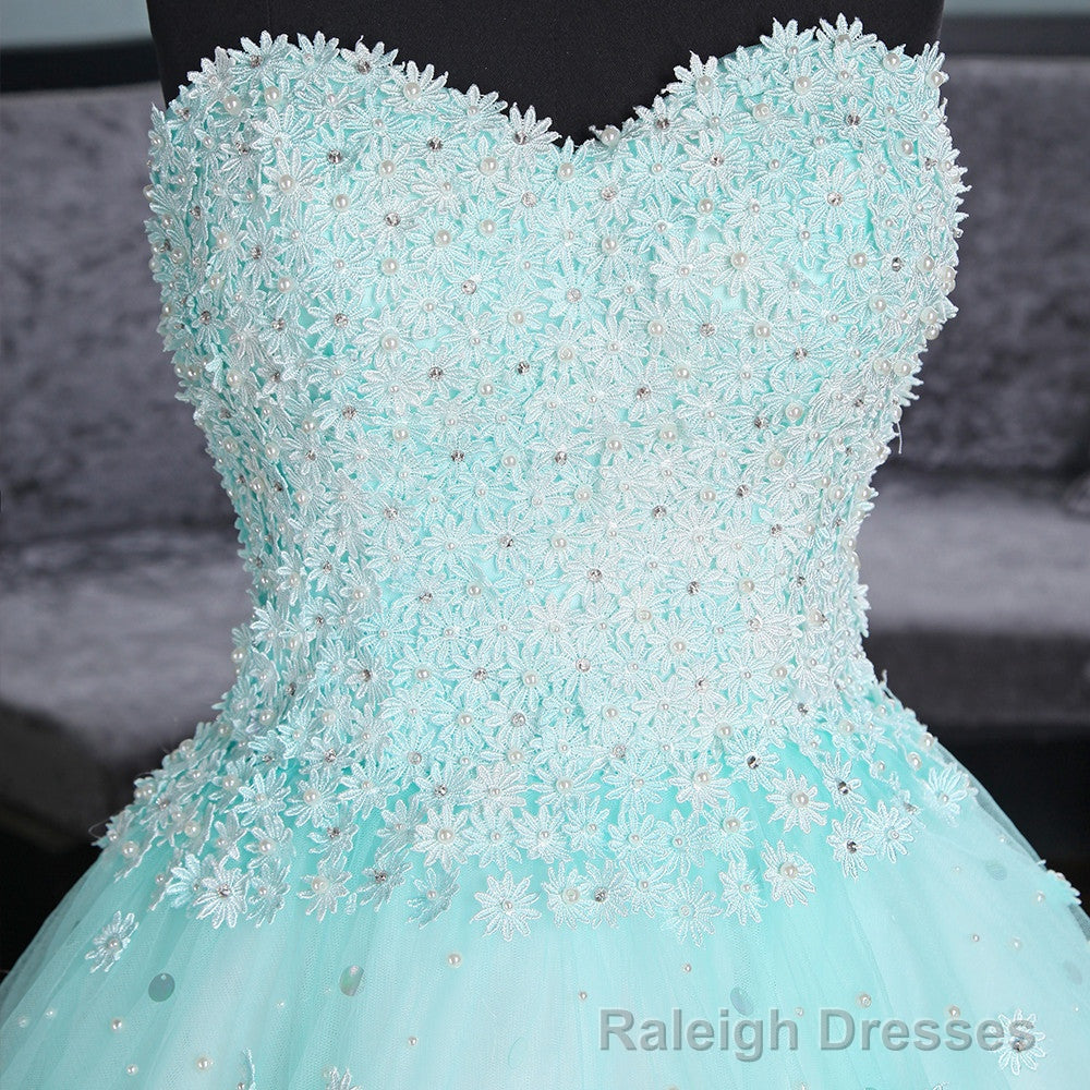 Light Blue Sweetheart Lace Applique High Low Party Dress, Blue Homecoming Dress