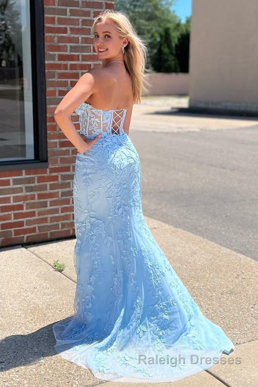 Light Blue Sweetheart Lace-Up Long Mermaid Prom Dress with Appliques Secondary image