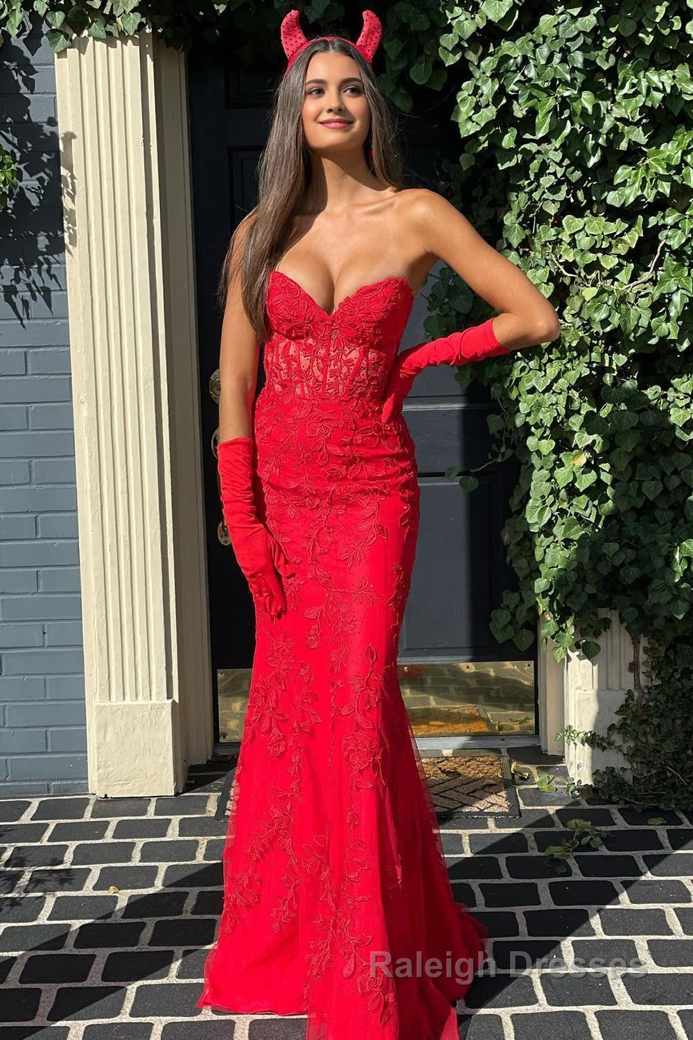 Light Blue Sweetheart Lace-Up Long Mermaid Prom Dress with Appliques