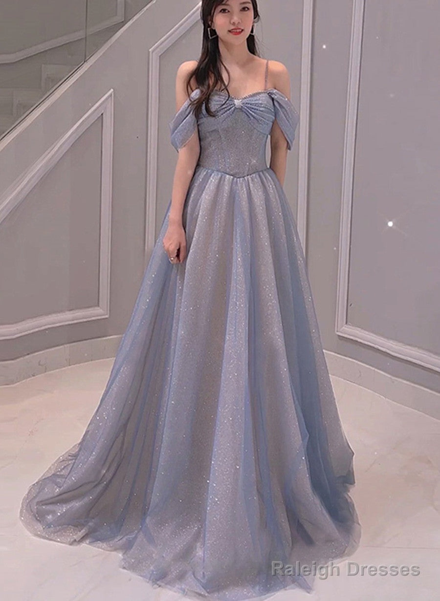 Light Blue Sweetheart Off Shoulder A-Line Long Prom Dress, Blue Beaded Evening Dress Secondary image