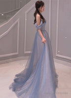Light Blue Sweetheart Off Shoulder A-Line Long Prom Dress, Blue Beaded Evening Dress