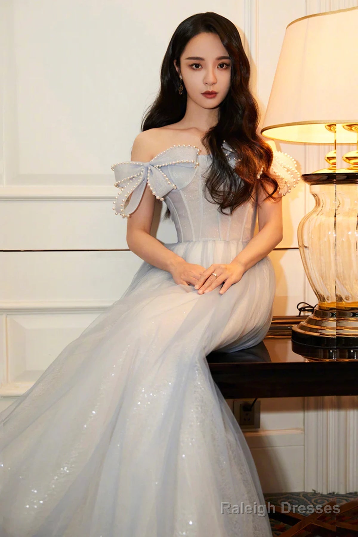 Light Blue Sweetheart Pearls Off Shoulder Long Party Dress, A-Line Blue Formal Dress Secondary image