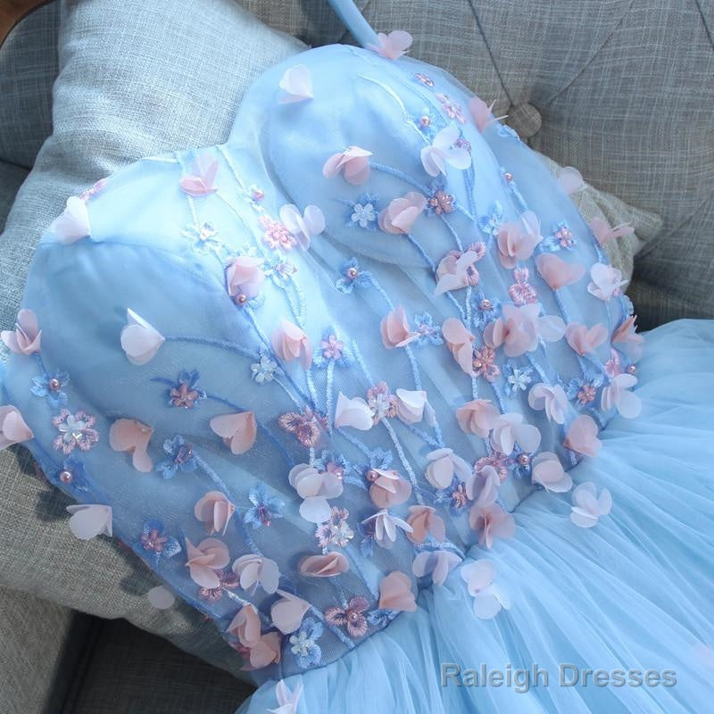 Light Blue Sweetheart Short Handmade Party Dress, Blue Flowers Homecoming Dress Secondary image