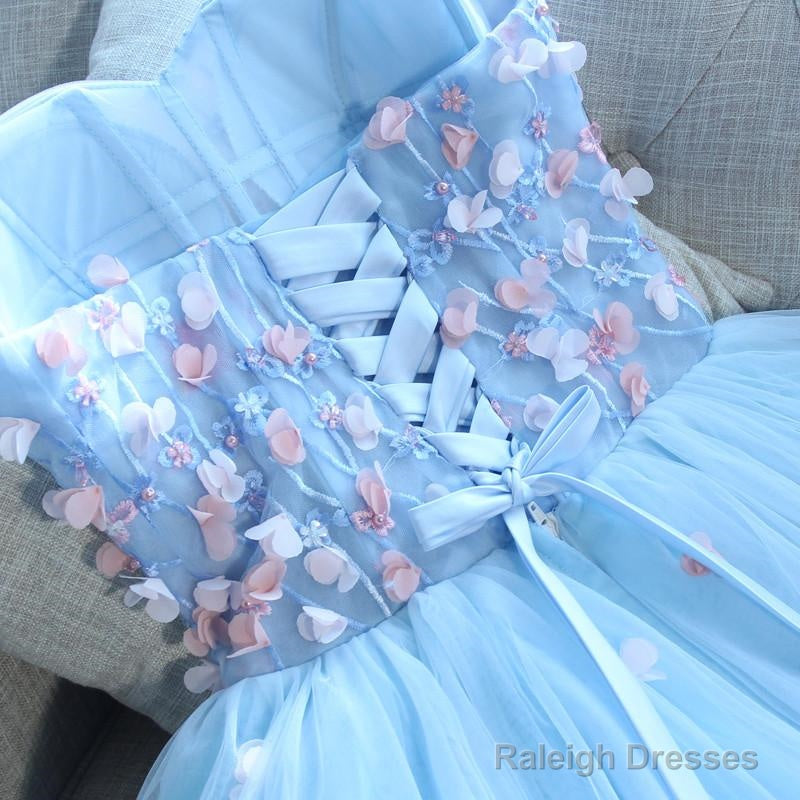 Light Blue Sweetheart Short Handmade Party Dress, Blue Flowers Homecoming Dress