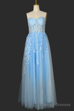 Light Blue Sweetheart Tulle Lace Prom Dresses Long Prom Prom Dresses