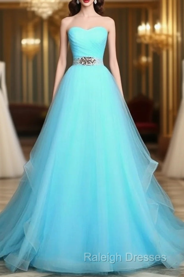 Light Blue Sweetheart Tulle Long Formal Dress With Belt, Charming Tulle Sweet 16 Dresses Main image