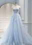 Light Blue Sweetheart Tulle with Lace Long Wedding Party Dress, Blue Prom Dress