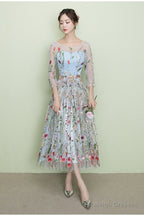 Light Blue Tea Length Lace Floral Wedding Prom Dresses Beautiful Prom Dresses
