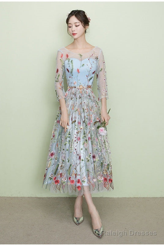 Light Blue Tea Length Lace Floral Wedding Prom Dresses Beautiful Prom Dresses