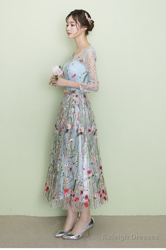Light Blue Tea Length Lace Floral Wedding Prom Dresses Beautiful Prom Dresses