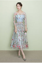 Light Blue Tea Length Lace Floral Wedding Prom Dresses Beautiful Prom Dresses