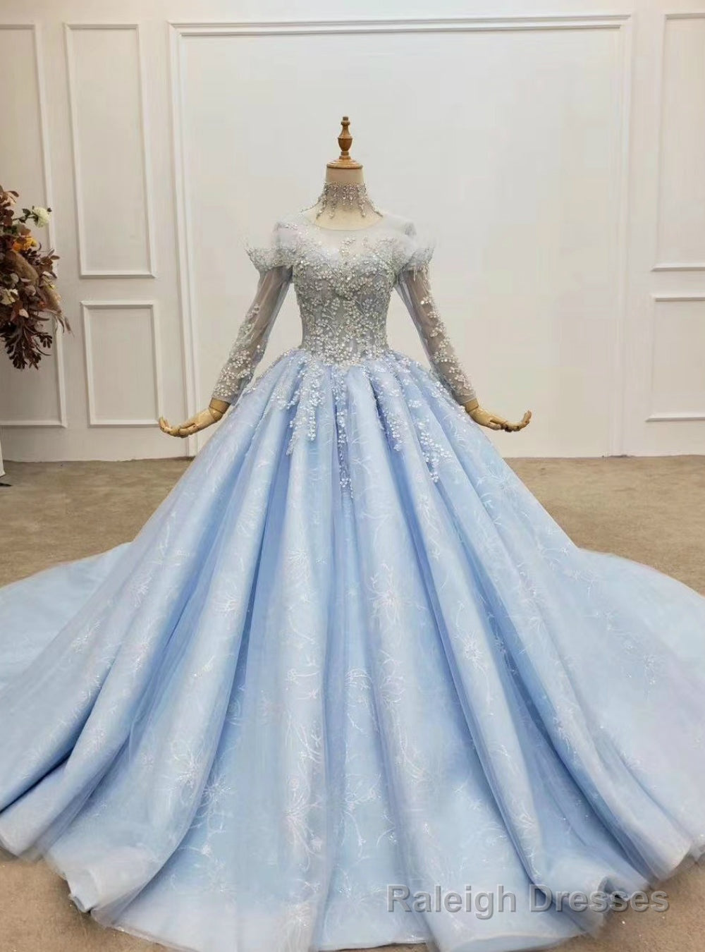 Light Blue Tuille High Neck Long Sleeve Beading Wedding Dress Main image