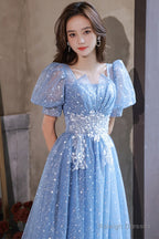 Light Blue Tulle A-Line Floor Length Formal Dress, Light Blue Evening Dress Party Dress