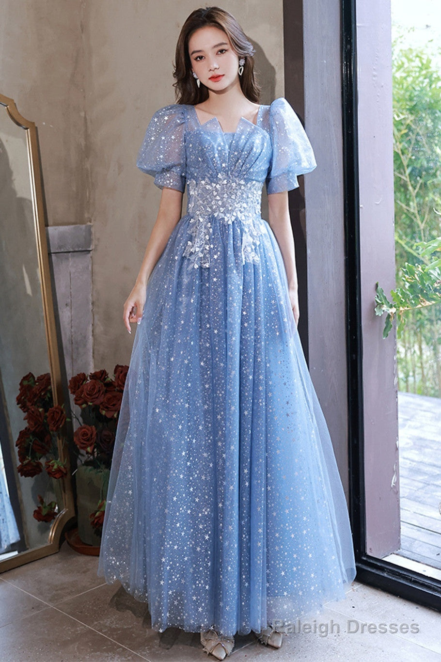 Light Blue Tulle A-Line Floor Length Formal Dress, Light Blue Evening Dress Party Dress Main image