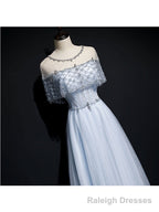 Light Blue Tulle A Line Long Prom Dress, Blue Prom Dresses