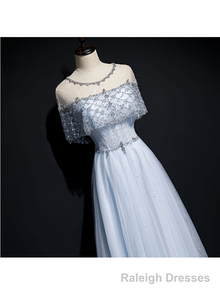 Light Blue Tulle A Line Long Prom Dress, Blue Prom Dresses