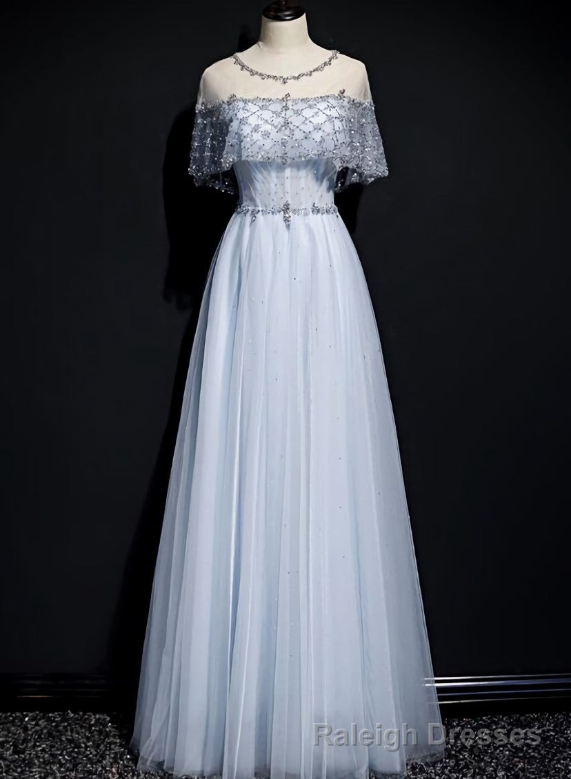 Light Blue Tulle A Line Long Prom Dress, Blue Prom Dresses