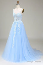 Light Blue Tulle A-Line Prom Dresseses With Lace Light Blue Prom Dresses