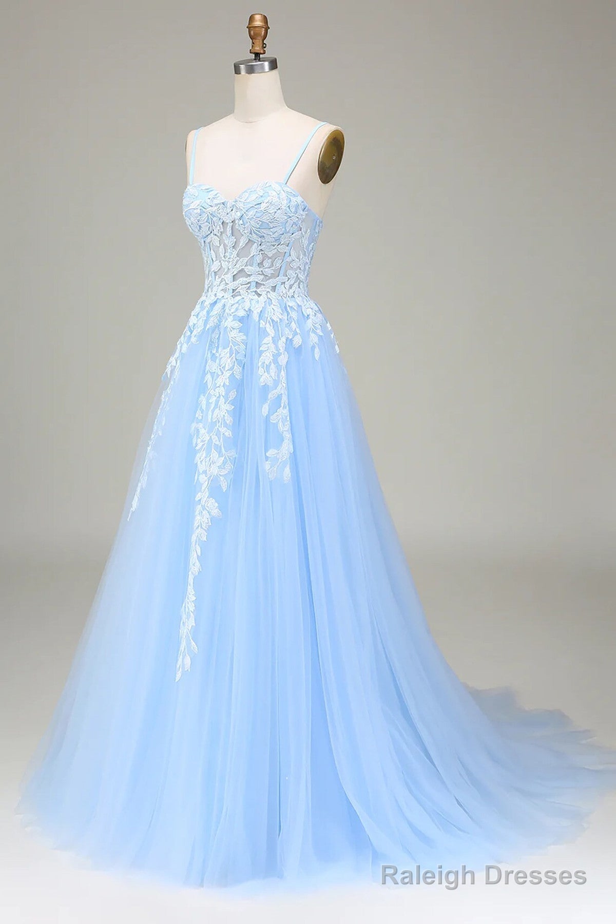 Light Blue Tulle A-Line Prom Dresseses With Lace Light Blue Prom Dresses