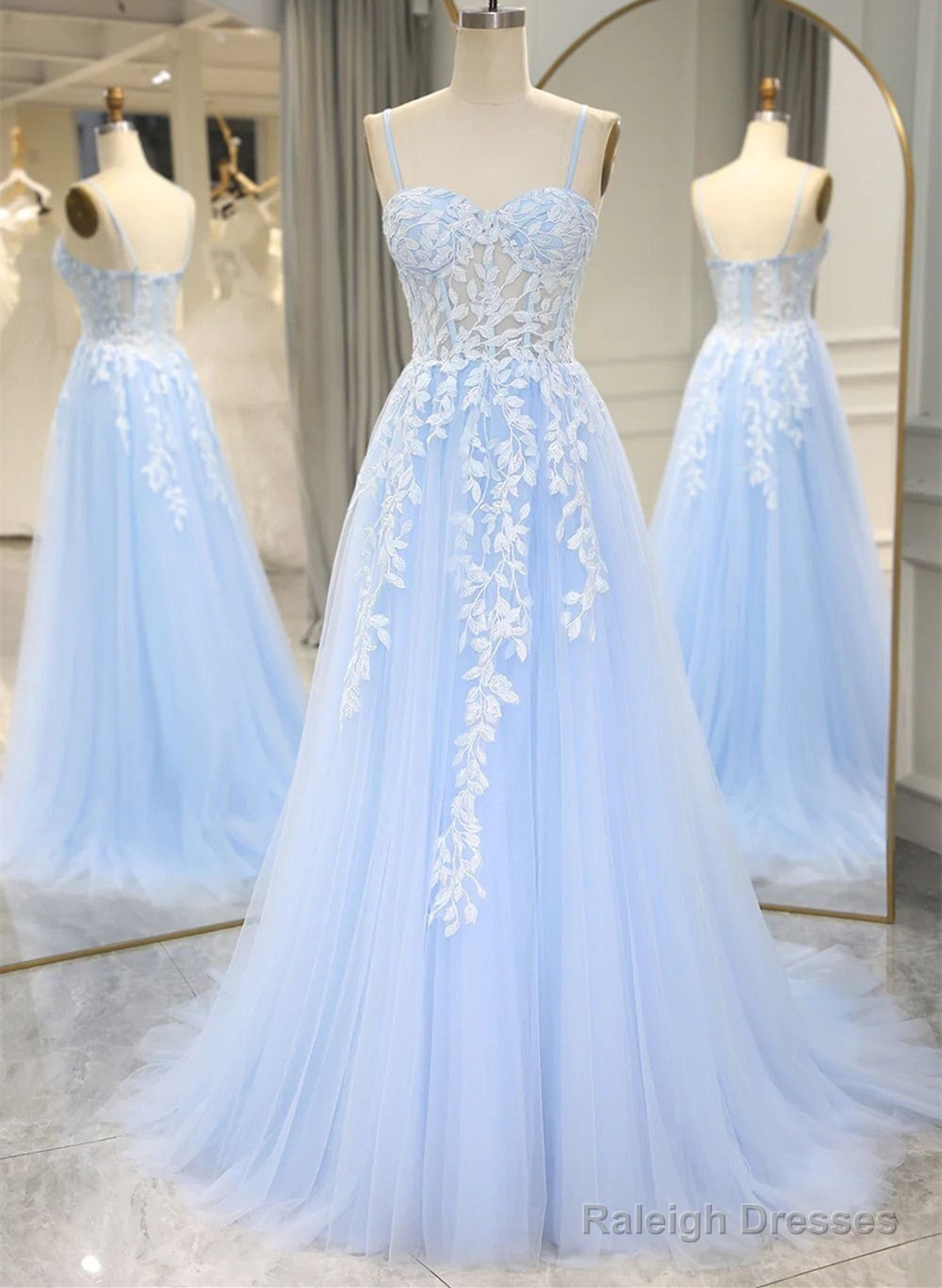 Light Blue Tulle A-Line Prom Dresseses With Lace Light Blue Prom Dresses
