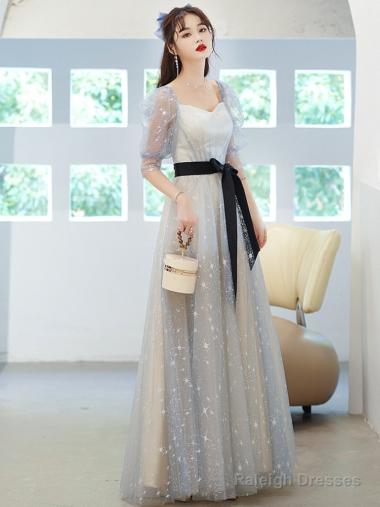 Light Blue Tulle A-Line Short Sleeves Prom Dress Blue Prom Gown Prom Dress