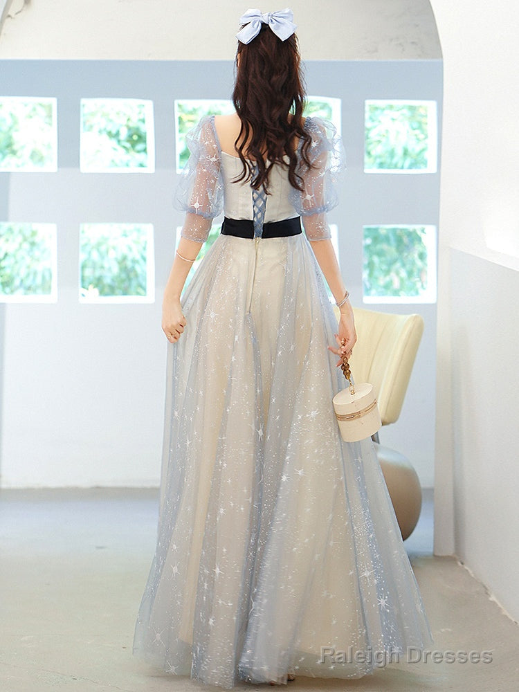 Light Blue Tulle A-Line Short Sleeves Party Dresses, Blue Formal Gowns Prom Dresses