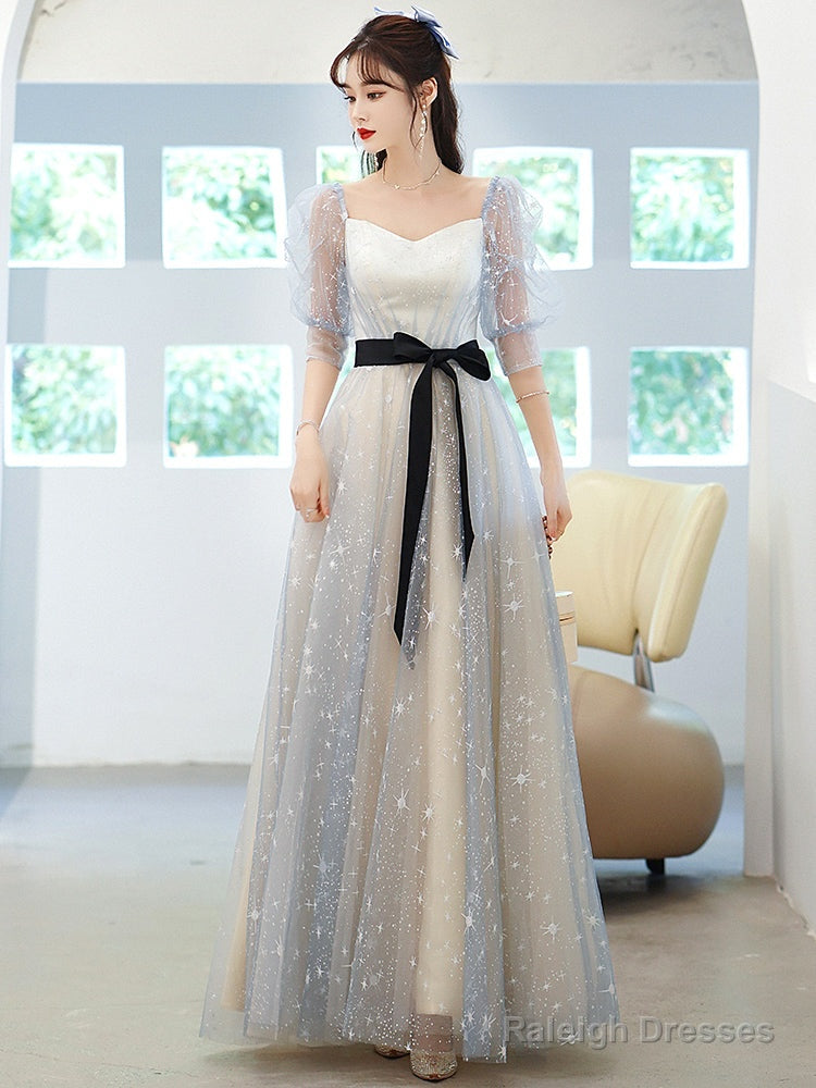 Light Blue Tulle A-Line Short Sleeves Party Dresses, Blue Formal Gowns Prom Dresses Main image