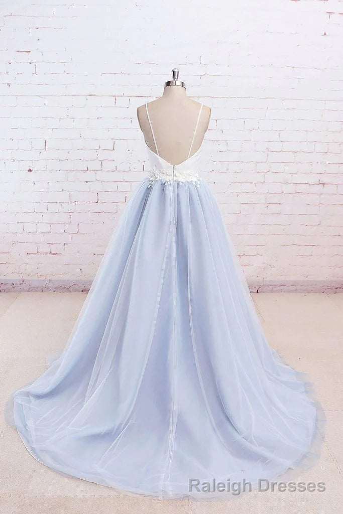 Light Blue Tulle and White Top Long Wedding Party Gowns, Straps Junior Prom Dress