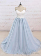 Light Blue Tulle and White Top Long Wedding Party Gowns, Straps Junior Prom Dress