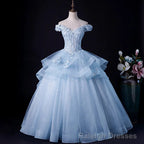 Light Blue Tulle Ball Gown Off Shoulder Sweet 16 Dress Blue Formal Dress with Lace prom dresses shops