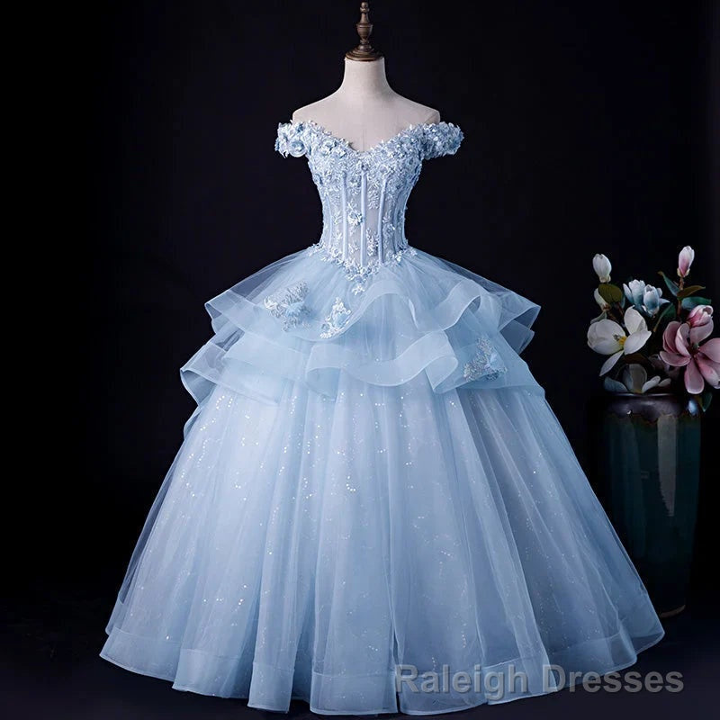 Light Blue Tulle Ball Gown Off Shoulder Sweet 16 Dress Blue Formal Dress with Lace prom dresses shops