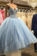 Light Blue Tulle Ball Gowns Quinceanera Dresses With Beaded