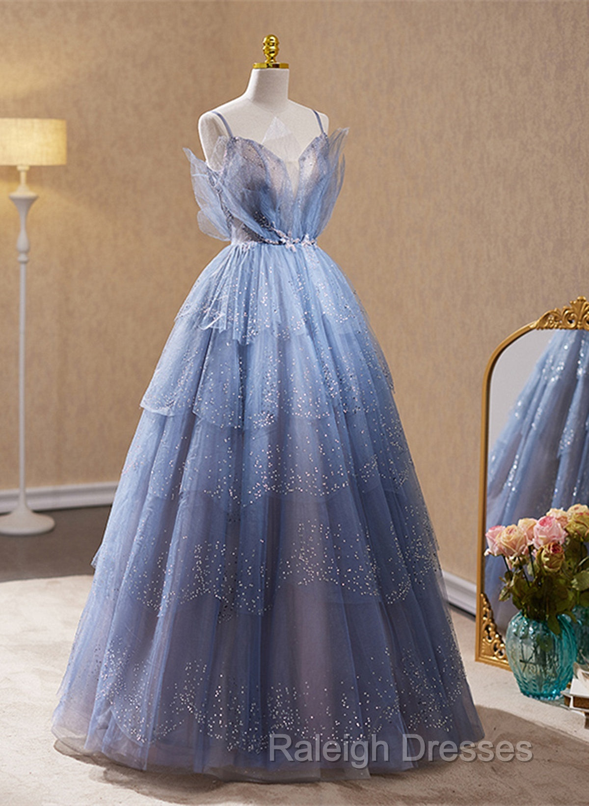 Light Blue Tulle Beaded Long Formal Dress, Light Blue Shiny Tulle Evening Dress Prom Dress Secondary image